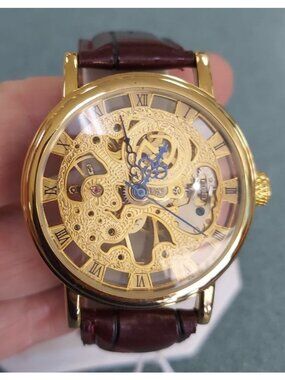 Gold Skeleton Mechanical Wind-Up Watch Brown Leather Strap